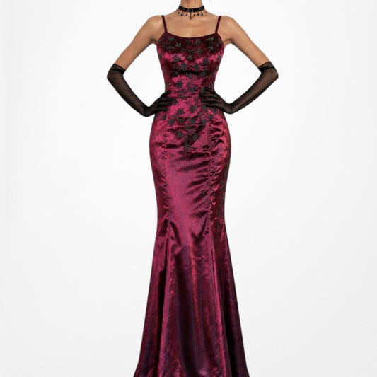 Vintage Burgundy Red Satin Beaded Fit Flared Maxi Prom Dress Size S