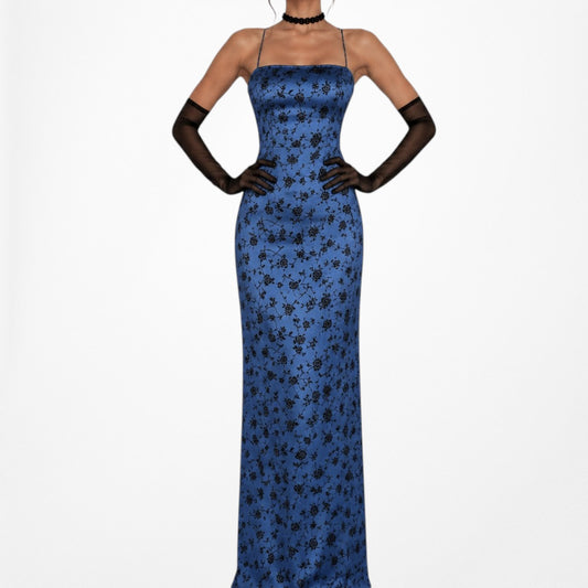 Vintage Velvet Floral Satin Maxi Bodycon Cocktail Formal Prom Dress Size S