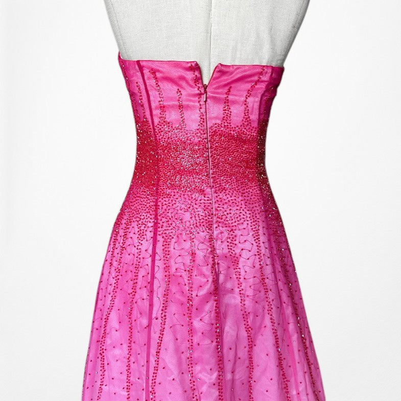 Vintage Y2K 90s Pink Silk Strapless Beaded Flared Ombre Maxi Prom Dress Size XS