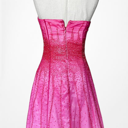 Vintage Y2K 90s Pink Silk Strapless Beaded Flared Ombre Maxi Prom Dress Size XS