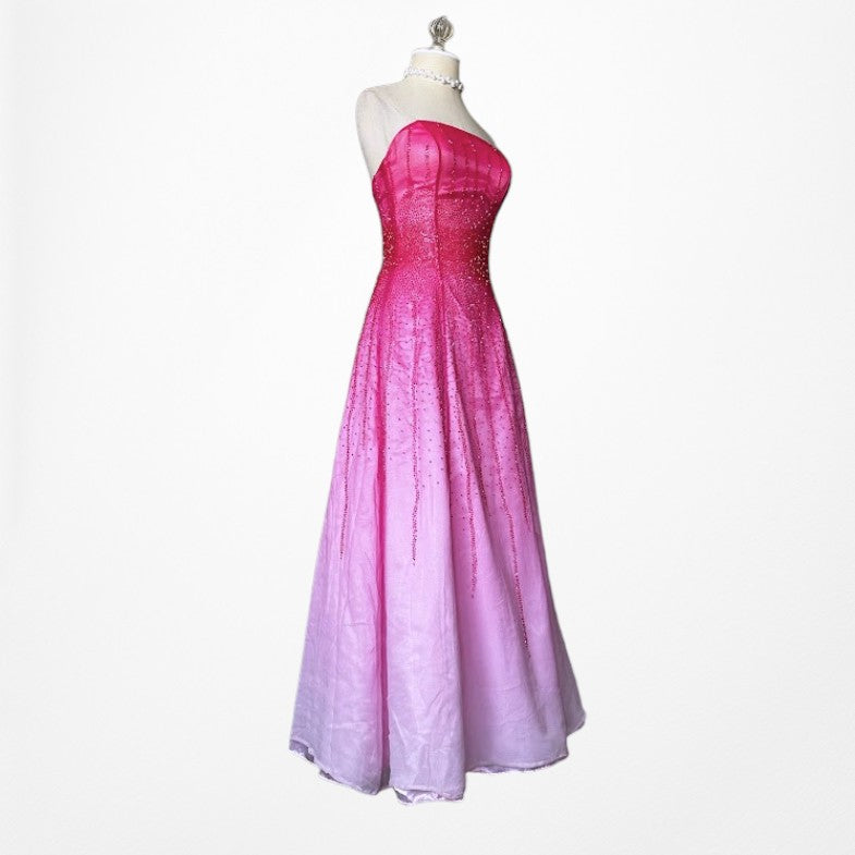 Vintage Y2K 90s Pink Silk Strapless Beaded Flared Ombre Maxi Prom Dress Size XS