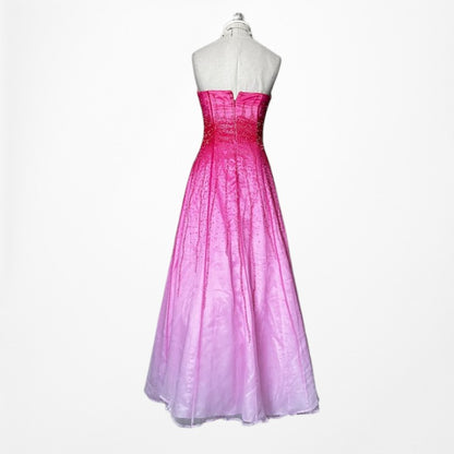 Vintage Y2K 90s Pink Silk Strapless Beaded Flared Ombre Maxi Prom Dress Size XS