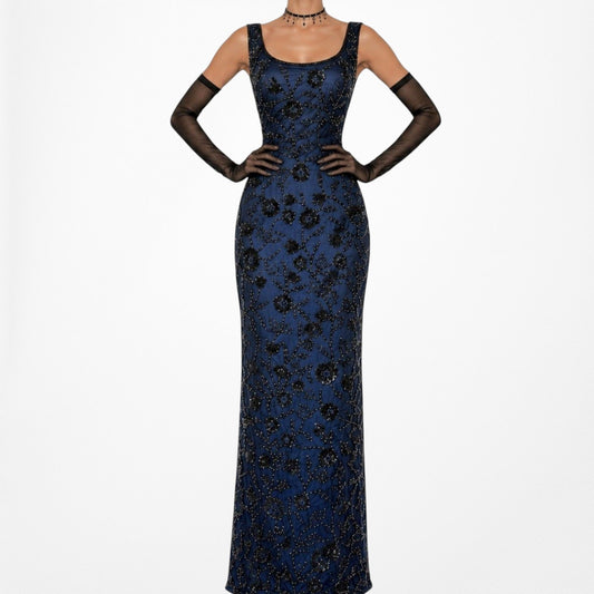 Vintage Blue Floral Beaded Silk Bodycon Maxi Formal Prom Dress Size XL