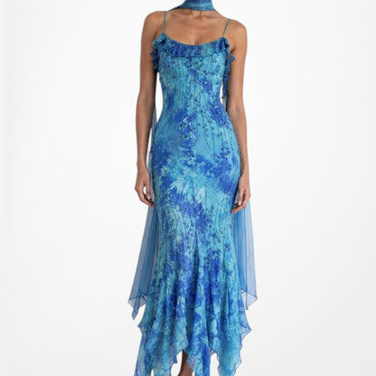 Vintage Blue Beaded Ruffle Silk Asymmetric Hem Midi Dress Size S