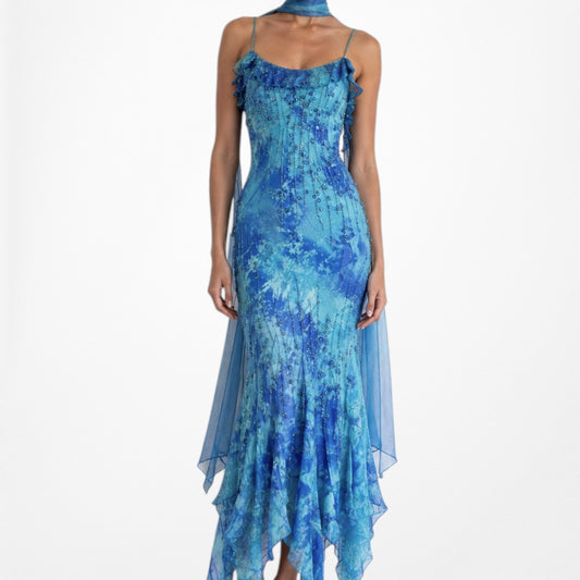 Vintage Blue Beaded Ruffle Silk Asymmetric Hem Midi Dress Size S