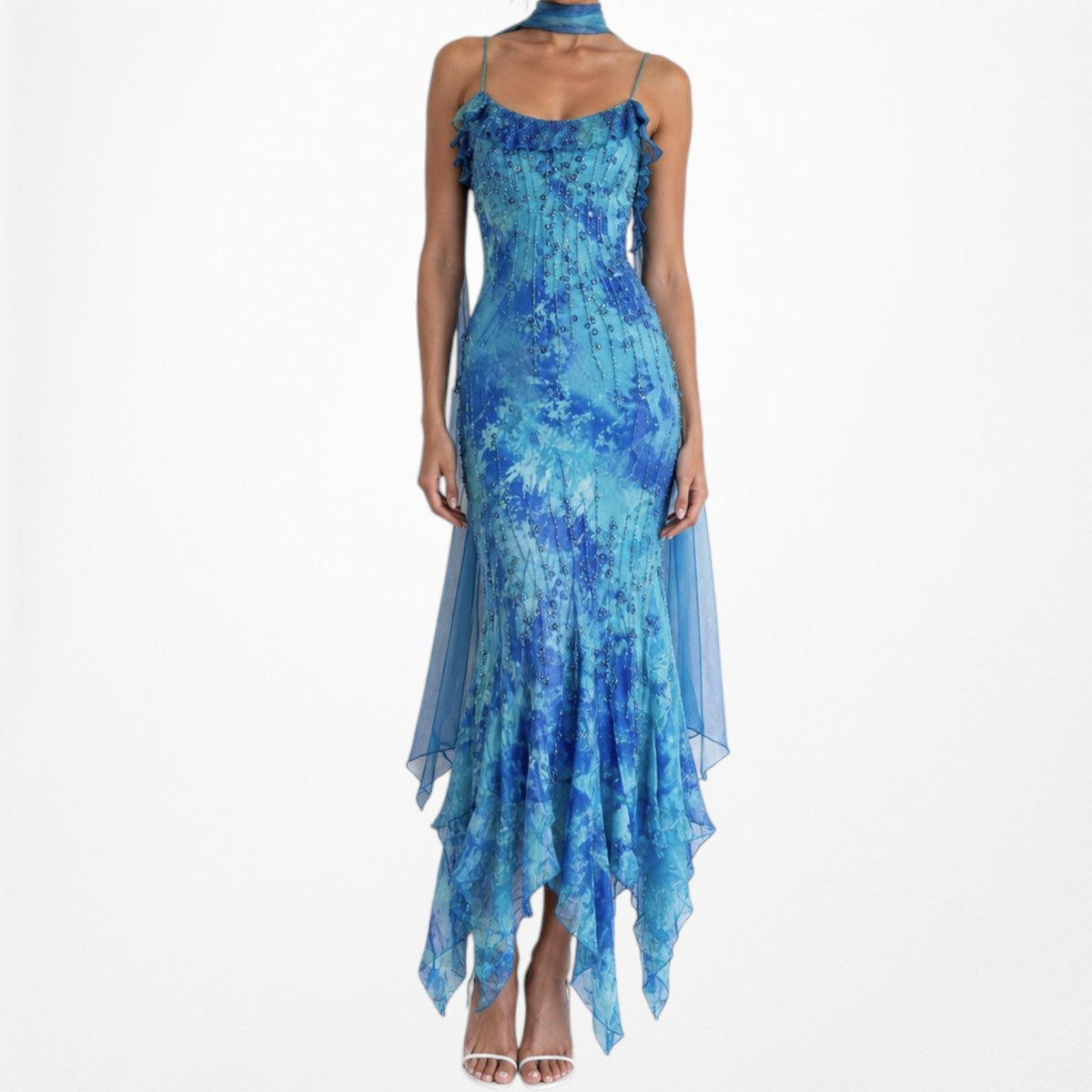Vintage Blue Beaded Ruffle Silk Asymmetric Hem Midi Dress Size S