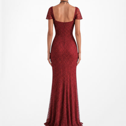 Vintage Red Beaded Fit Flared Silk Bodycon Maxi Prom Scarf Dress Size S/M