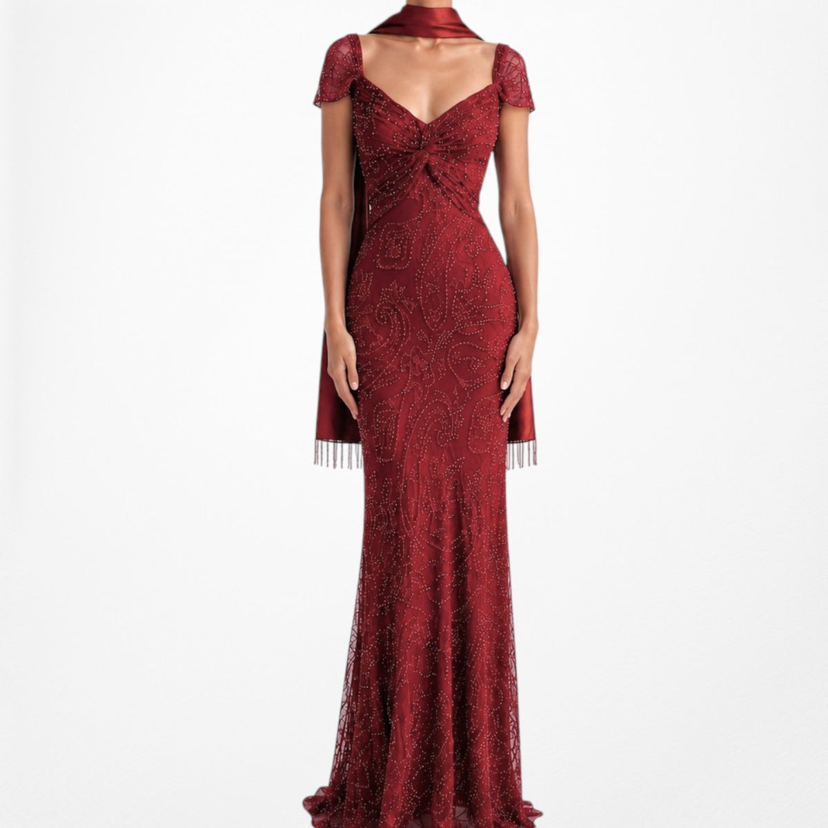 Vintage Red Beaded Fit Flared Silk Bodycon Maxi Prom Scarf Dress Size S/M