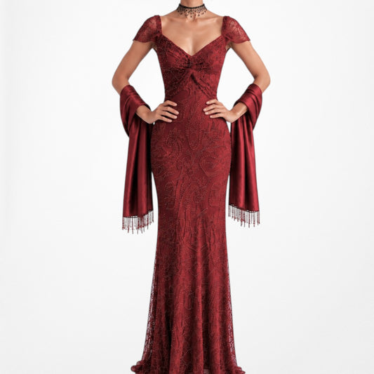 Vintage Red Beaded Fit Flared Silk Bodycon Maxi Prom Scarf Dress Size S/M
