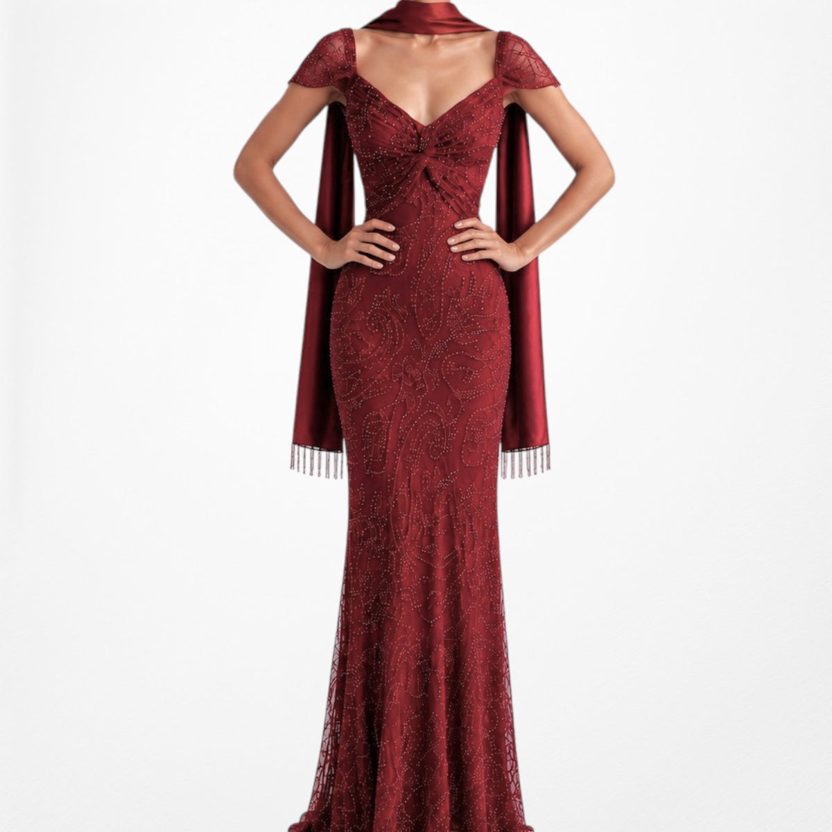 Vintage Red Beaded Fit Flared Silk Bodycon Maxi Prom Scarf Dress Size S/M