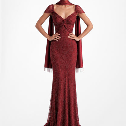 Vintage Red Beaded Fit Flared Silk Bodycon Maxi Prom Scarf Dress Size S/M