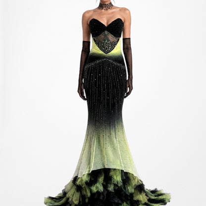 Vintage Black Green Strapless Silk Beaded Tulle Bodycon Maxi Prom Dress Size XS