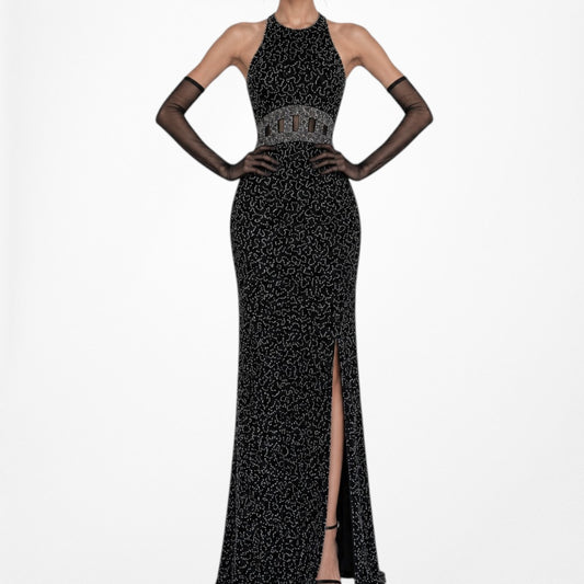 Vintage Black Beaded Silk Cutout Bodycon Maxi Slit Formal Prom Dress Size XS/S