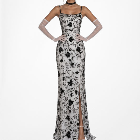 Vintage Gray Black Floral Beaded Silk Bodycon Side Slit Maxi Prom Dress Size S