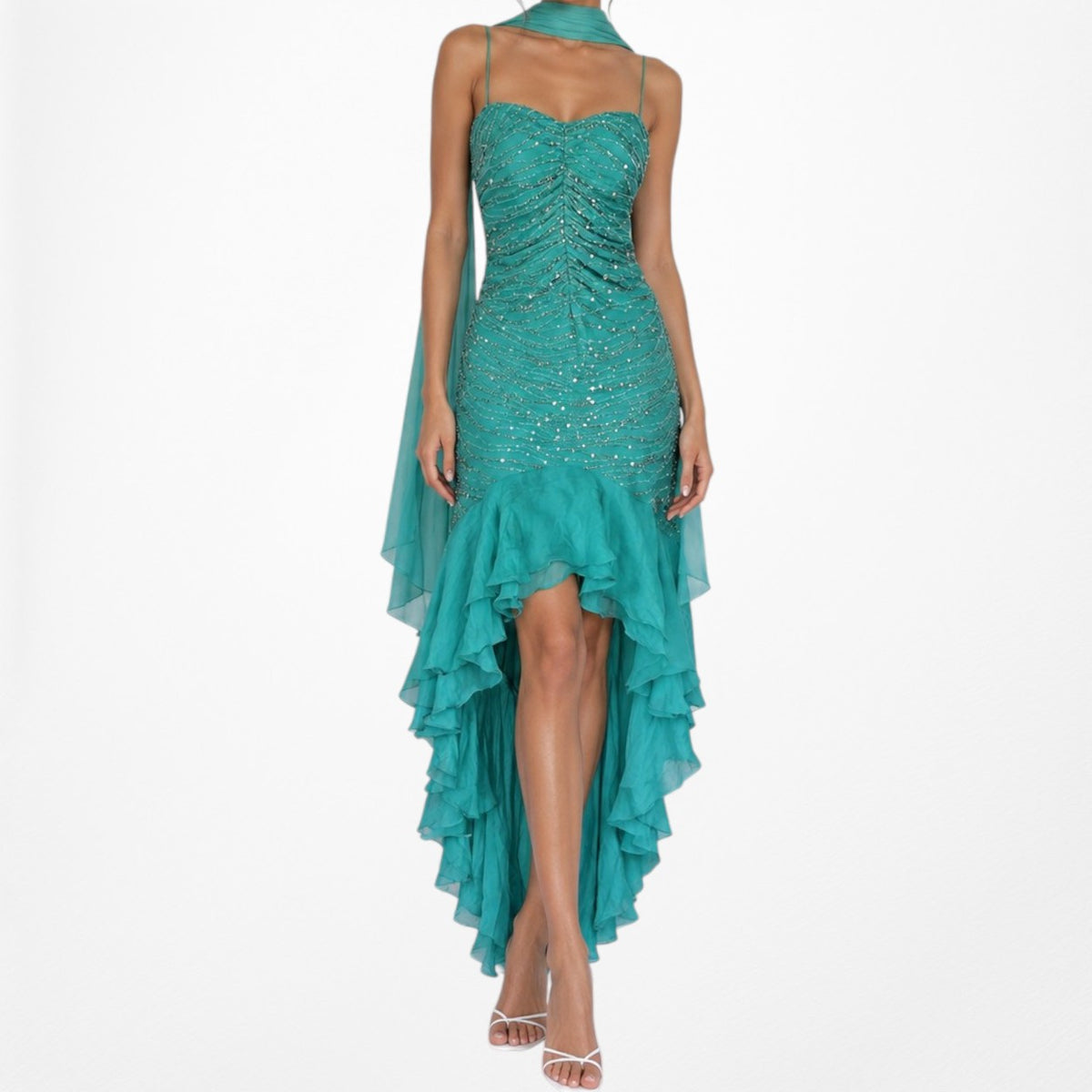 Vintage Blue Silk Beaded Ruffle High Low Midi Cocktail Prom Dress Size M/L