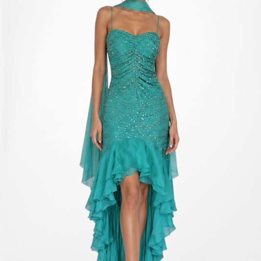 Vintage Blue Silk Beaded Ruffle High Low Midi Cocktail Prom Dress Size M/L