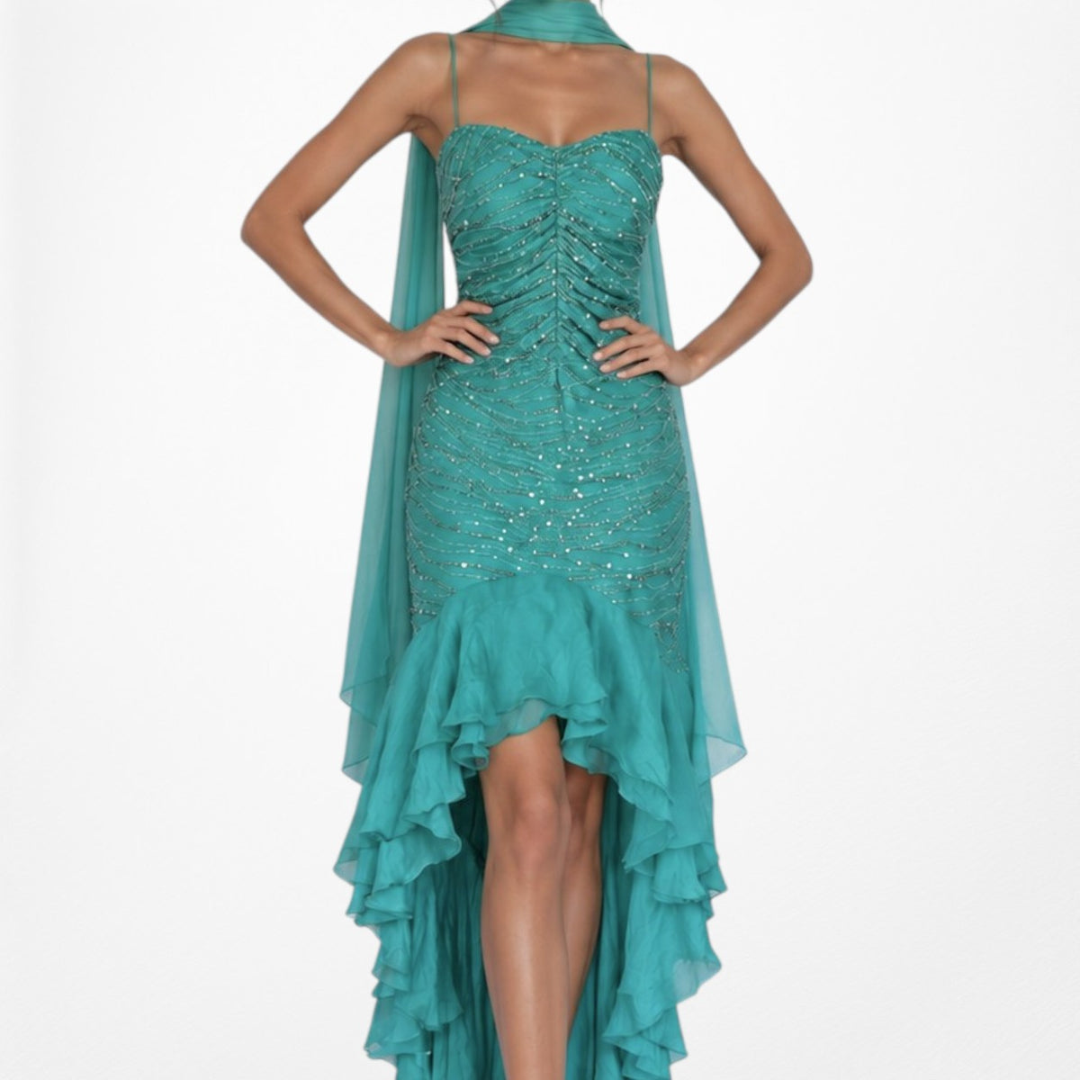 Vintage Blue Silk Beaded Ruffle High Low Midi Cocktail Prom Dress Size M/L