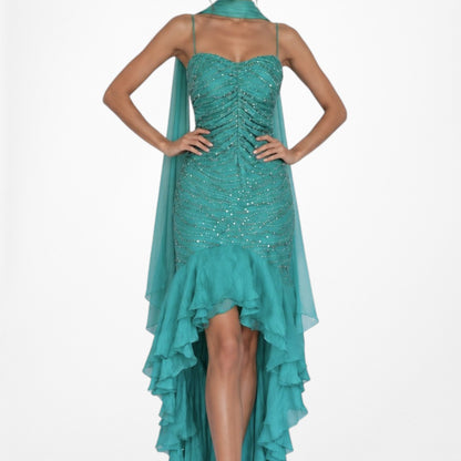 Vintage Blue Silk Beaded Ruffle High Low Midi Cocktail Prom Dress Size M/L
