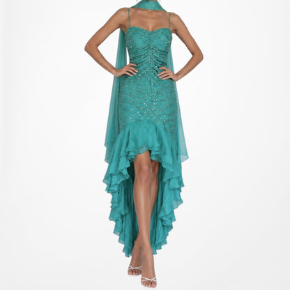 Vintage Blue Silk Beaded Ruffle High Low Midi Cocktail Prom Dress Size M/L