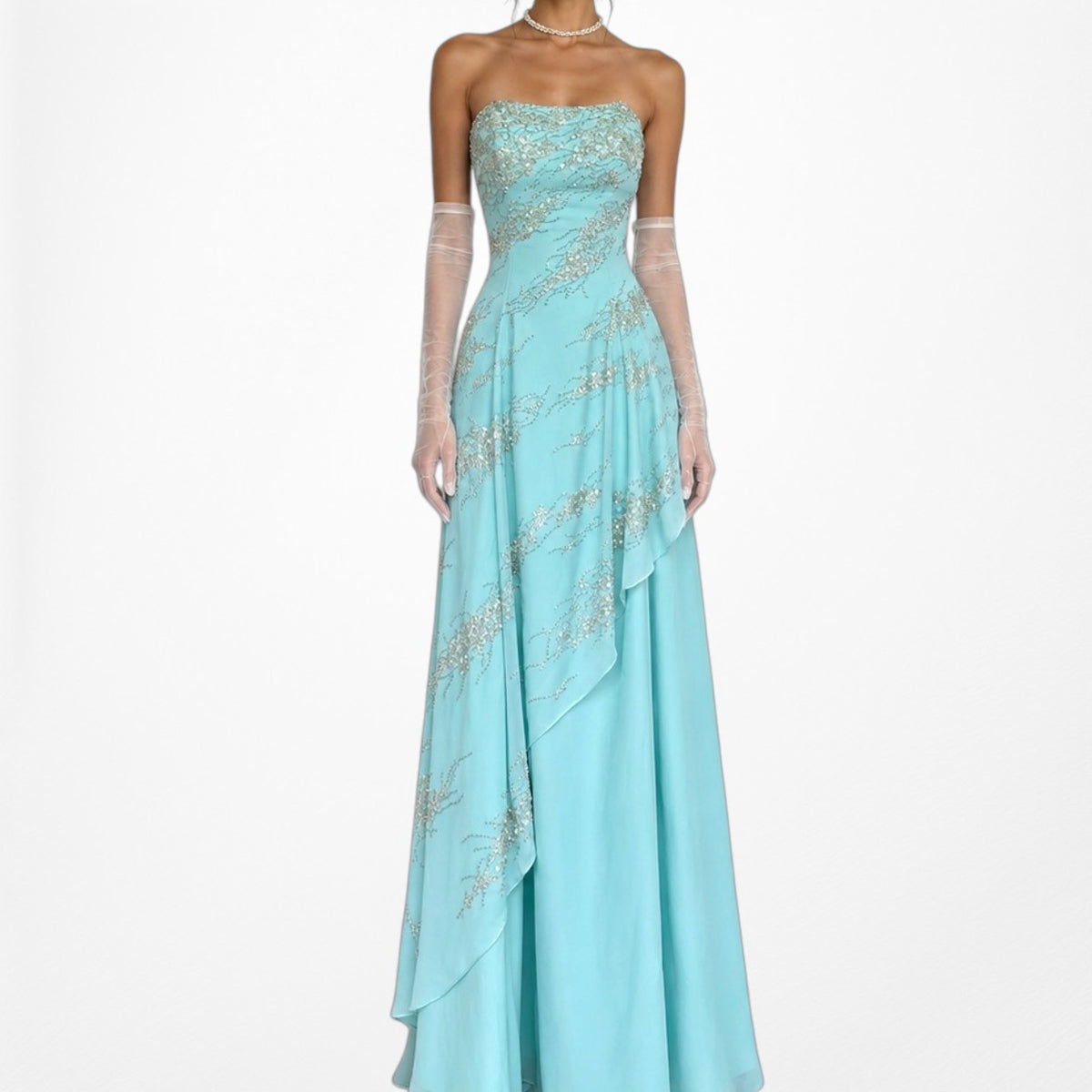 Vintage Y2K 90s Aqua Blue Strapless Beaded Tulle A-Line Maxi Prom Dress Size S