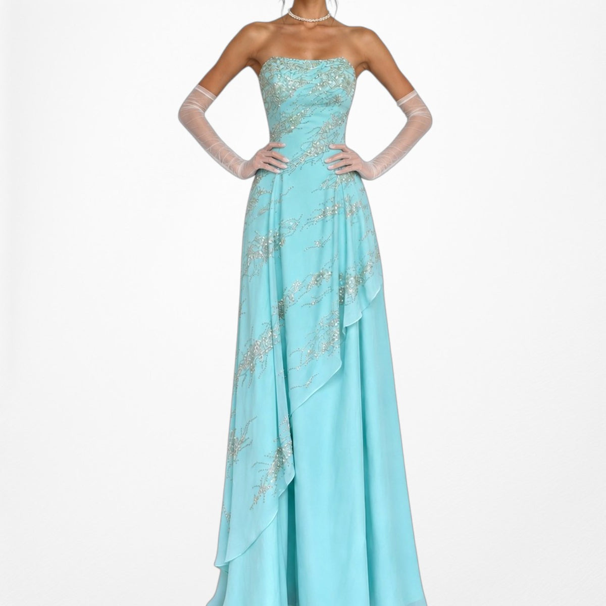 Vintage Y2K 90s Aqua Blue Strapless Beaded Tulle A-Line Maxi Prom Dress Size S