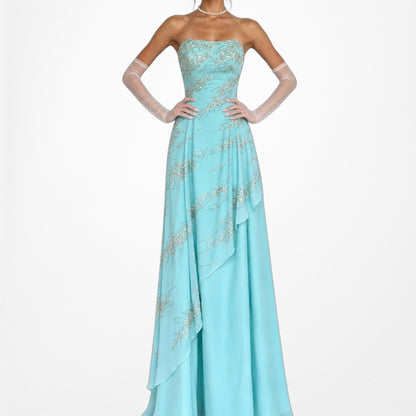 Vintage Y2K 90s Aqua Blue Strapless Beaded Tulle A-Line Maxi Prom Dress Size S