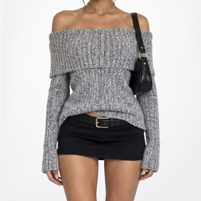 Gray Knit Off The Shoulder Long Sleeve Sweater Top Size S