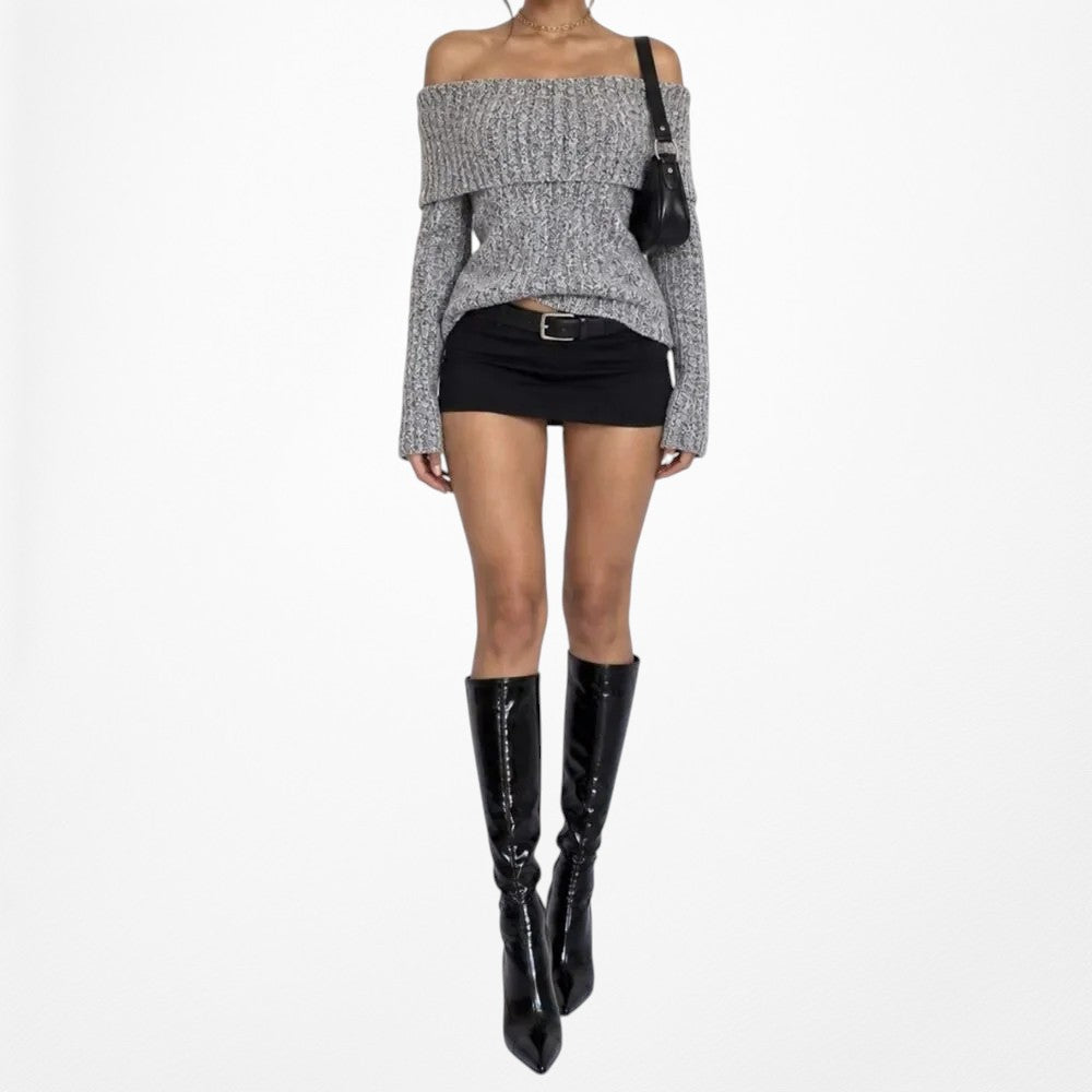 Gray Knit Off The Shoulder Long Sleeve Sweater Top Size S