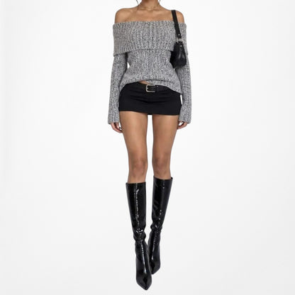 Gray Knit Off The Shoulder Long Sleeve Sweater Top Size S
