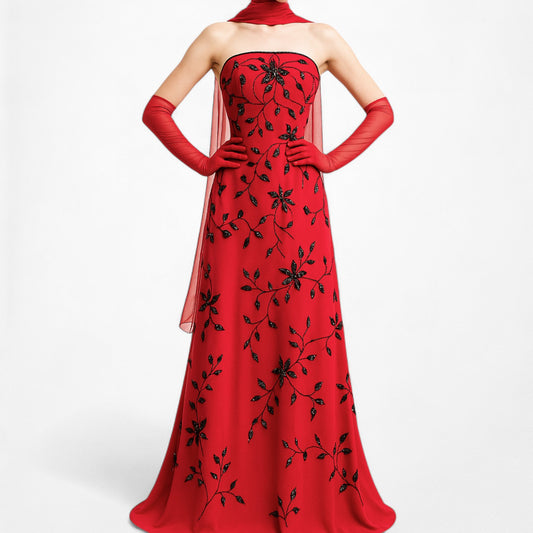 Vintage Y2K Red Black Floral Beaded Fit Flared Maxi Prom Dress Size L/XL