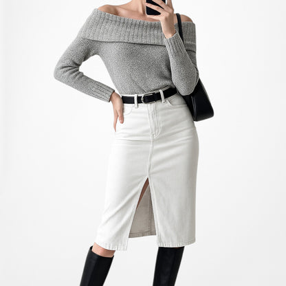 Gray Knit Off The Shoulder Long Sleeve Sweater Top Size S