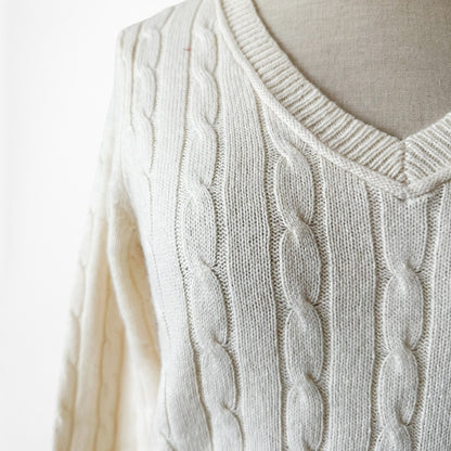 Vintage Y2K Off White Cream Wool Blend Cable Knit V-Neck Sweater Top Size SP