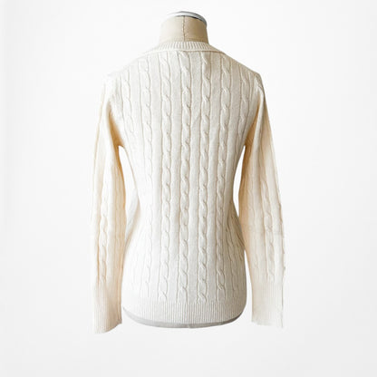 Vintage Y2K Off White Cream Wool Blend Cable Knit V-Neck Sweater Top Size SP