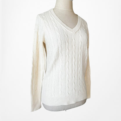 Vintage Y2K Off White Cream Wool Blend Cable Knit V-Neck Sweater Top Size SP