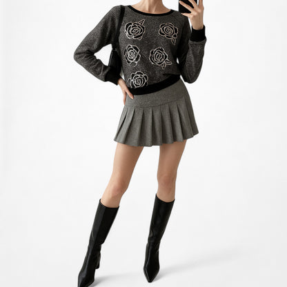 Apt. 9 Gray Black Sequin Floral Sequin Embellished Pullover Sweater Size S