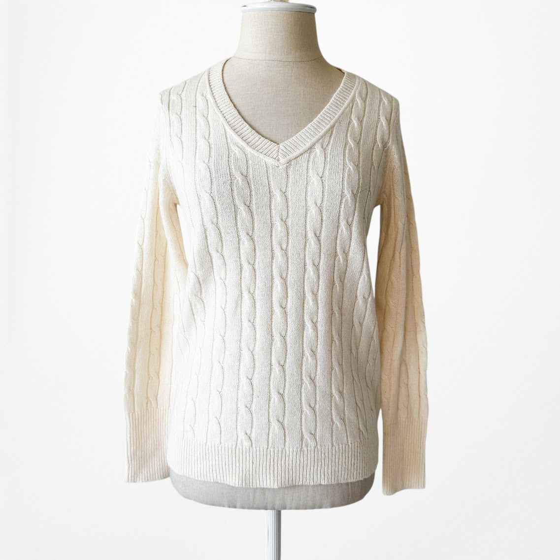 Vintage Y2K Off White Cream Wool Blend Cable Knit V-Neck Sweater Top Size SP