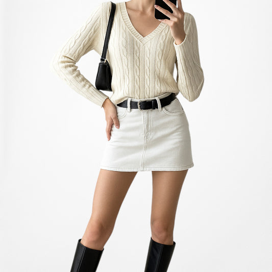 Vintage Y2K Off White Cream Wool Blend Cable Knit V-Neck Sweater Top Size SP