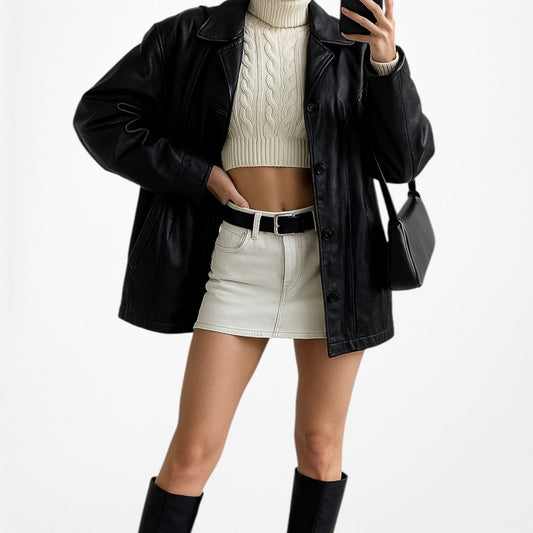 Vintage Y2K Black Real Leather Motorcycle Biker Style Jacket Coat Size L