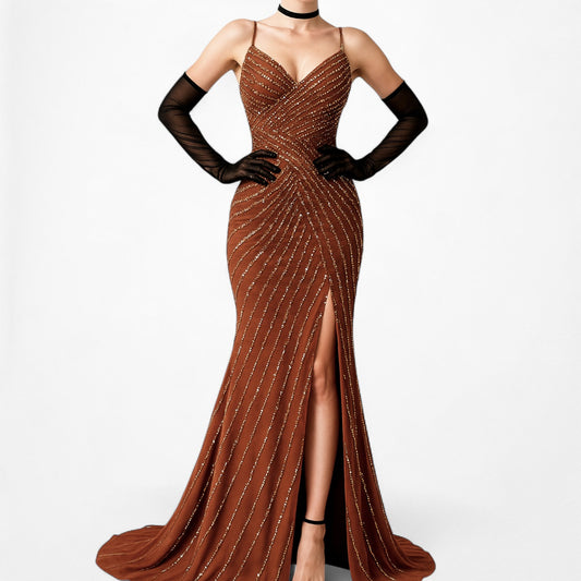 Vintage Brown Beaded Sequin Maxi Bodycon Slit Formal Prom Dress Size S