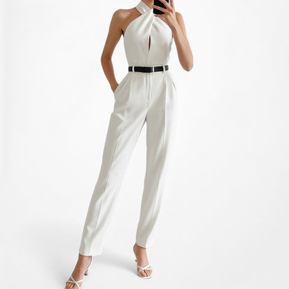 Massimo Dutti White Sleeveless Tapered Leg Tailored Halter Jumpsuit Size S