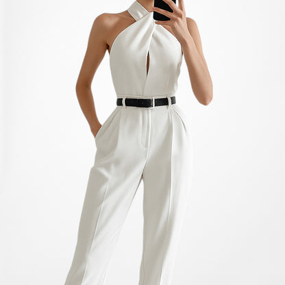 Massimo Dutti White Sleeveless Tapered Leg Tailored Halter Jumpsuit Size S