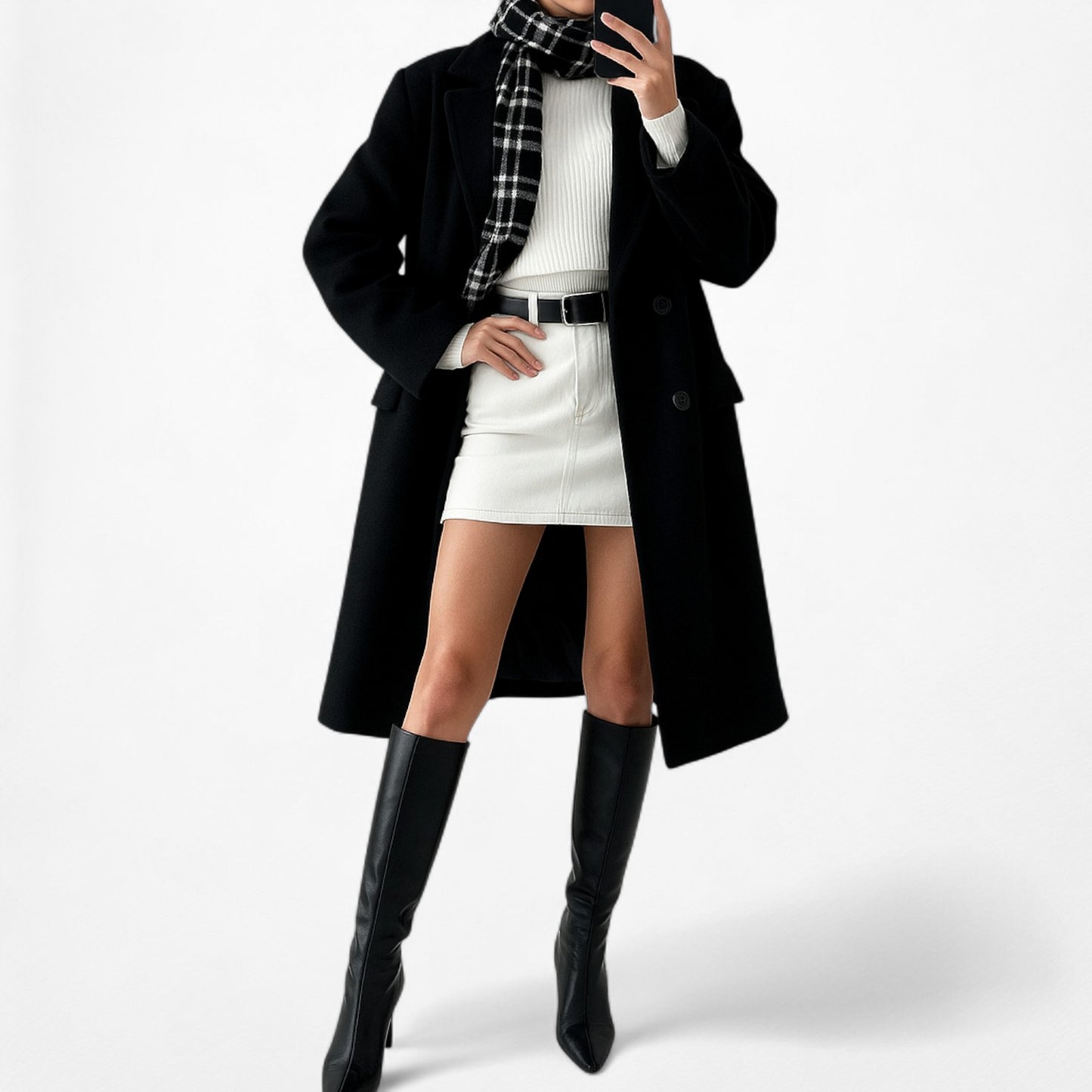 Vintage Pierre Cardin Black Gray Plaid Checkered Print Fringe Scarf