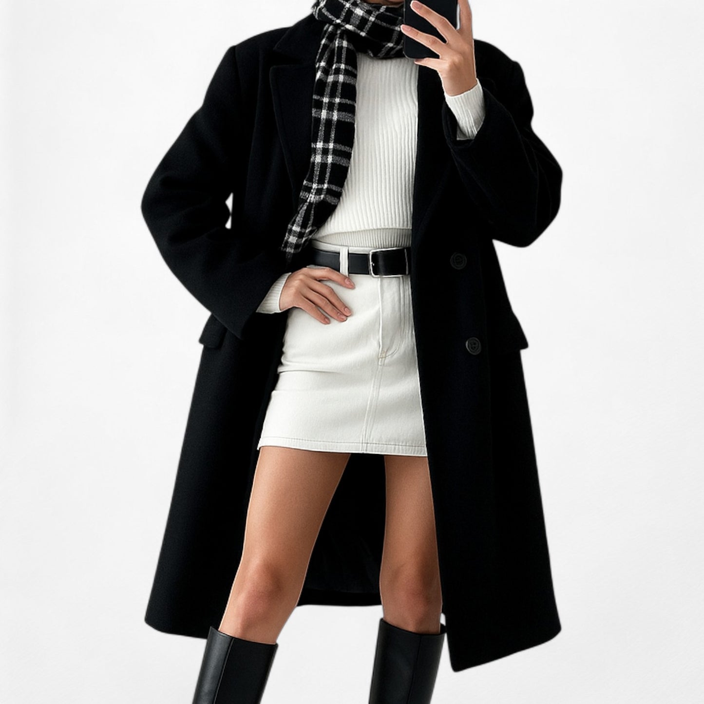 Vintage Pierre Cardin Black Gray Plaid Checkered Print Fringe Scarf