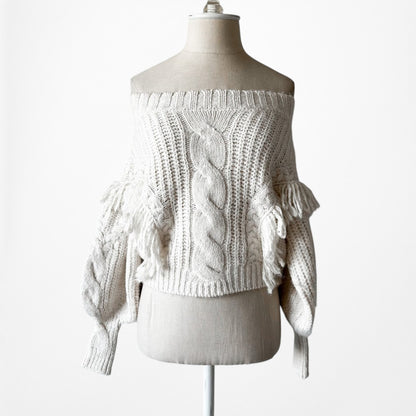 Vintage Y2K Off White Cable Knit Off The Shoulder Ruffle Sweater Size S