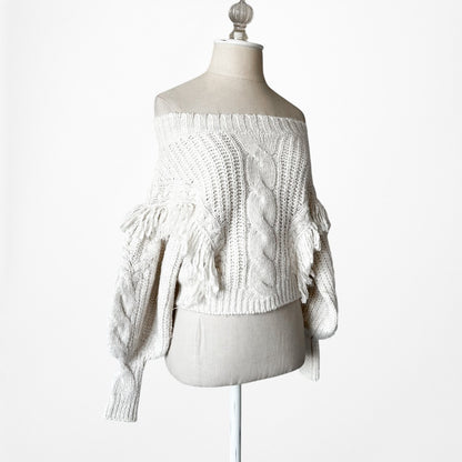 Vintage Y2K Off White Cable Knit Off The Shoulder Ruffle Sweater Size S