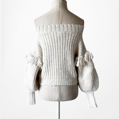 Vintage Y2K Off White Cable Knit Off The Shoulder Ruffle Sweater Size S
