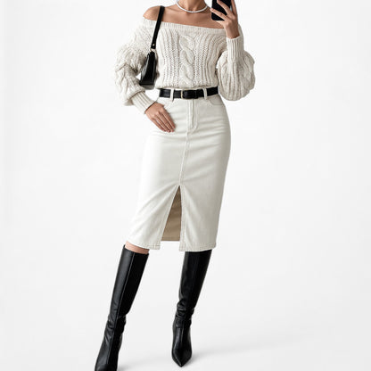 Vintage Y2K Off White Cable Knit Off The Shoulder Ruffle Sweater Size S