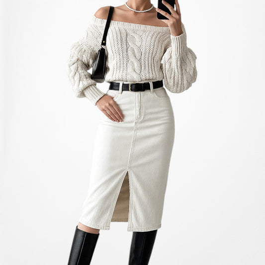 Vintage Y2K Off White Cable Knit Off The Shoulder Ruffle Sweater Size S