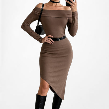 Vintage Y2K Brown RIbbed Knit Off The Shoulder Asymmetric Bodycon Dress Size M