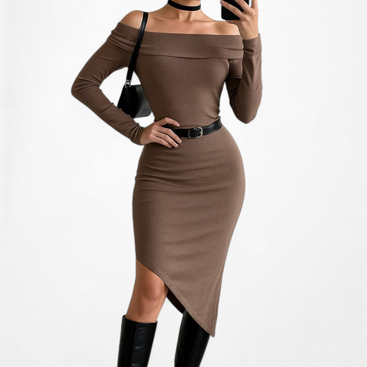 Vintage Y2K Brown RIbbed Knit Off The Shoulder Asymmetric Bodycon Dress Size M